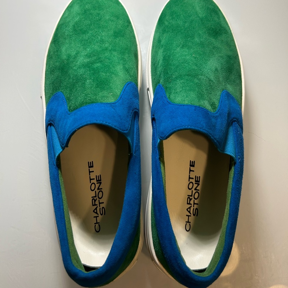 Charlotte Stone Green and Blue Suede Slip-Ons - Picture 4 of 6